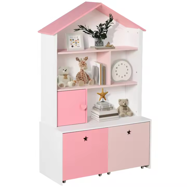 HOMCOM Estantería de Madera Infantil Librería para Niños con 4 Compartimentos 1 Puerta y 2 Cajones Extraíbles con Ruedas para Libros Juguetes 80x34x130 cm Rosa y Blanco - 1