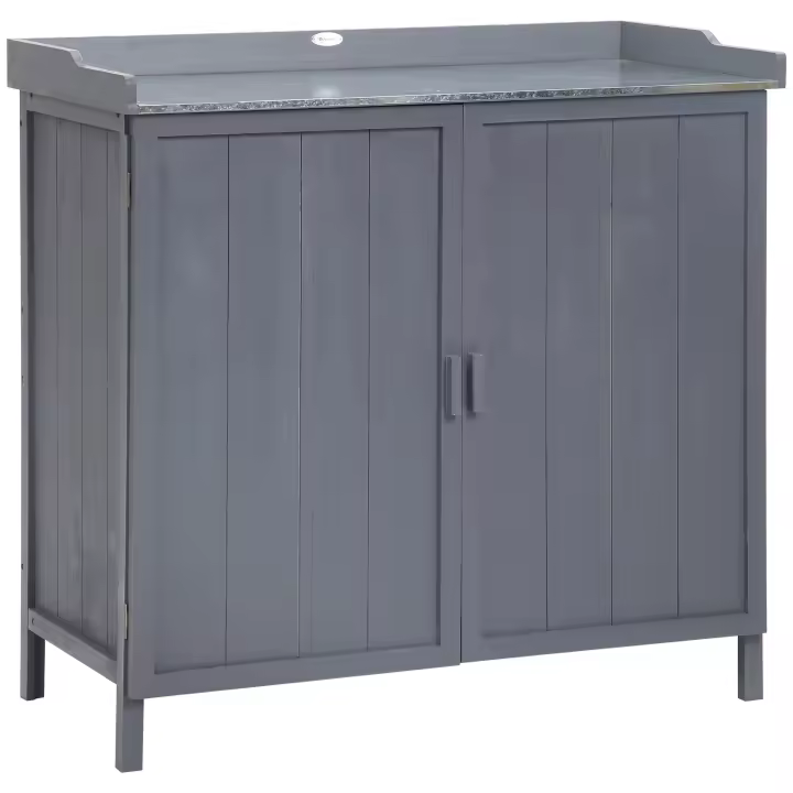 Outsunny Armario de Jardín de Madera con Mesa de Trabajo Armario de Exterior con 2 Puertas Cierre Magnético y 2 Estantes para Terraza Balcón 98x48x95,5 cm Gris - 1