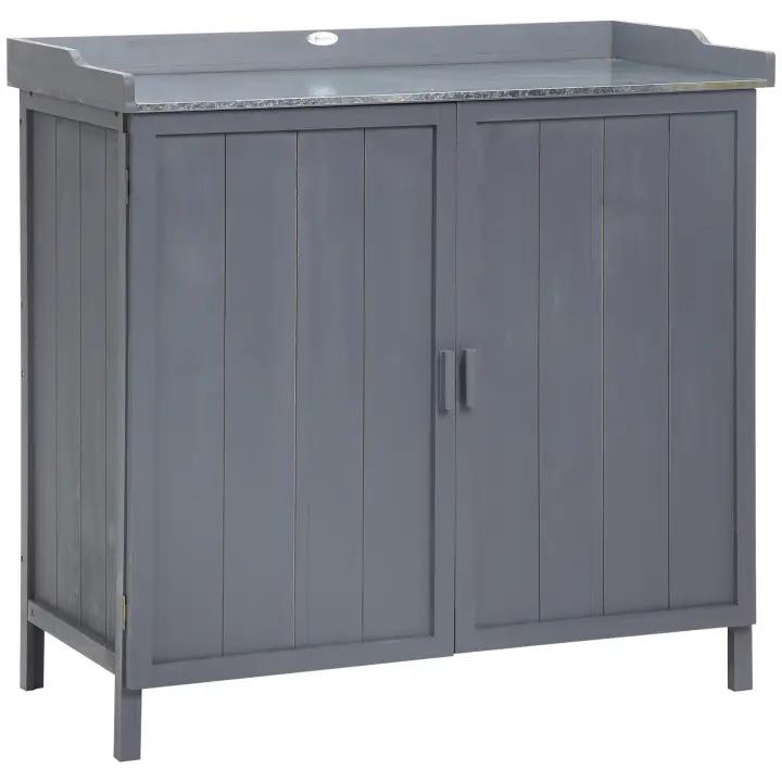 Outsunny Armario de Jardín de Madera con Mesa de Trabajo Armario de Exterior con 2 Puertas Cierre Magnético y 2 Estantes para Terraza Balcón 98x48x95,5 cm Gris - 1