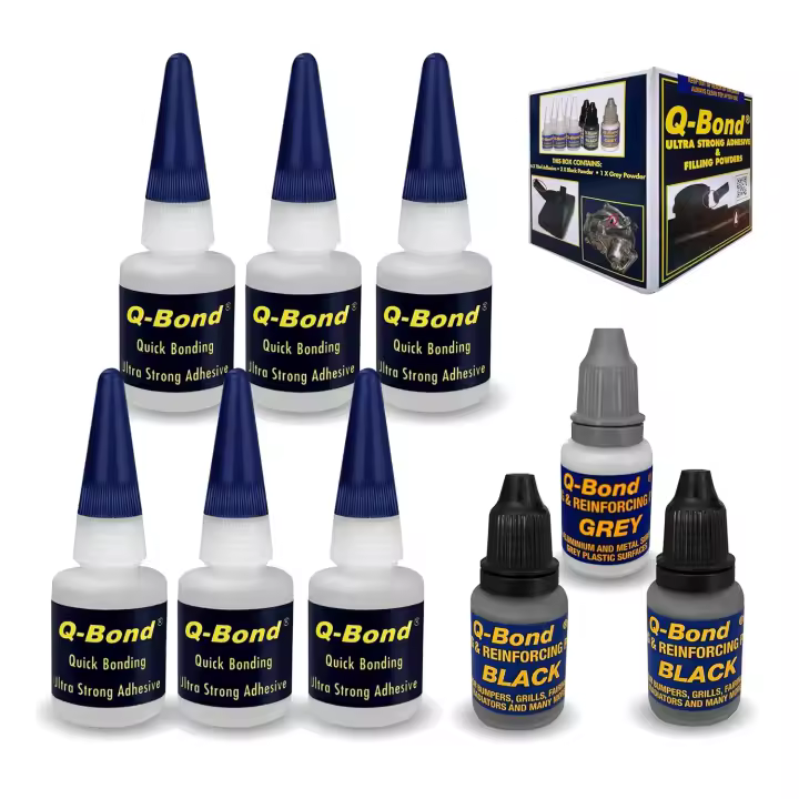AREABOXES - Pegamento Extrafuerte Dos Componentes. [Qbond] Adhesivo P/TODOS Los Materiales. Soldadura En Frio Para Metal. Kit Reparación De Cianoacrilato + Polvo, Facil Y Rapido. (Kit 9 piezas) - 1