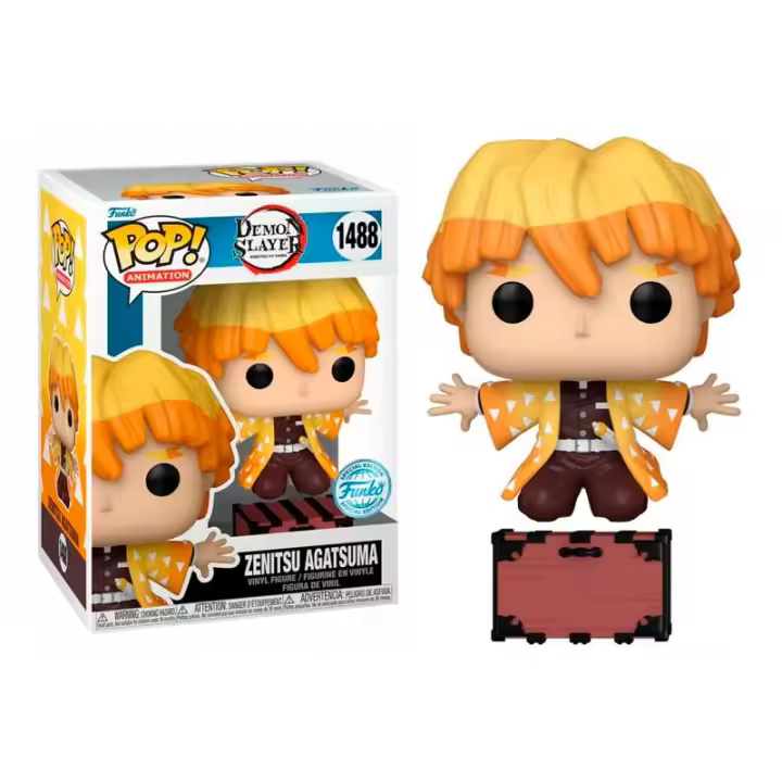 Funko pop Zenitsu Agatsuma 1488 Demon Slayer, Figura de Zenitsu encima de la caja - 1