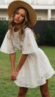 Vestido Blanco De Verano Casual Con Bordado Floral Vestido Mini Sin Espalda Vestido De Fiesta Poliéster A-Line O-Neck Manga Flare - details 13
