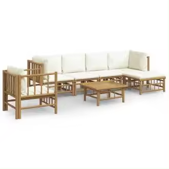 VIDAXL set de sofás con reposapiés y silla para jardín de 7 piezas fabricado en bambú con cojines de color blanco vida xl - 1