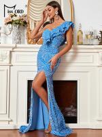 Vestido De Fiesta De Encaje Y Lentejuelas Missord Para Mujer Elegante Vestido De Boda Cocktail Prom Mermaid Maxi Vestido De Un Hombro Con Volante Y Abertura En La Pierna - details 4