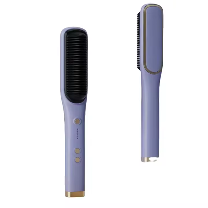 Plancha de pelo - Cepillos iónicos para alisar el cabello con calor - Herramienta de peinado portátil antiescaldaduras, control del encrespamiento, morado - 1