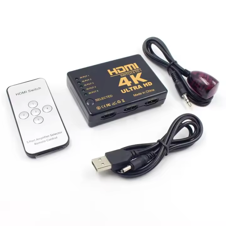 FGNS. HDMI(4K) Switch 5 A 1,Conmutador HDMI 4K de 5 Puertos con Control Remoto IR,1080P HD Video HDMI 5 en 1 Fuera,para Aquellos con Interfaz HDMI HDTV Digital,decodificador,DVD, Xbox360 y Otros Dispositivos - 1