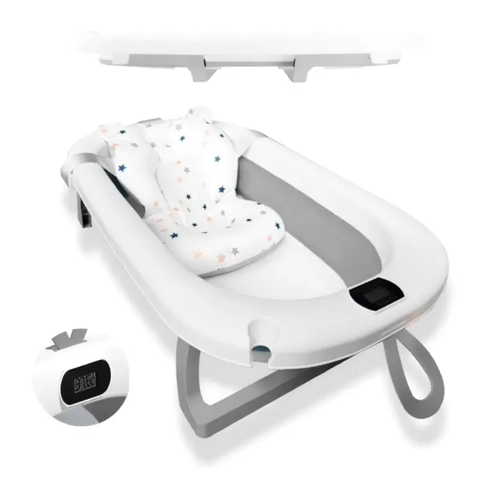 BATHBY Bañera Plegable para Bebés Recién Nacidos, con Cojín Reductor, Termómetro Integrado y Patas Antideslizantes, Compacta y Segura, Disponibles en color gris, verde, rosa, azul y gris ballena. - 1