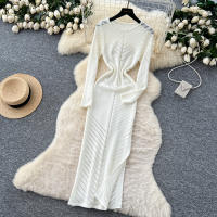 Vestido Largo Vintage De Cintura Alta REALEFT Para Mujer Con Cuello Redondo Manga Larga Y Abertura Lateral Vestido De Encaje Tricotado - details 14