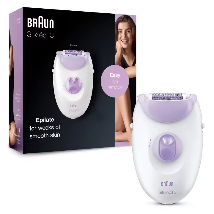Braun Silk-épil 3 3-170 - Depiladora eléctrica mujer para una depilación duradera, sistema de 20 pinzas, luz smartlight, rodillos de masaje, Blanca/Morada - 1