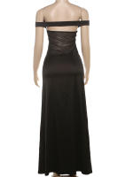 Vestido Maxi Sin Espalda Kliou Para Mujer Elegante Y Silky Simple De Hombros Descubiertos Sin Mangas Alineado Hasta La Rodilla Vestido De Fiesta De Calle Alta - details 3