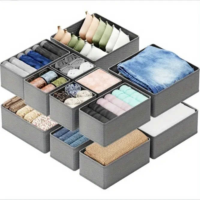 Organizador Cajones Juego de 12 Cajas de Almacenaje de Tela Para Guardar Ropa, Organizadores de Cajones No Tejidos, Calcetines, Ropa Interior, Clásico Gris - 1
