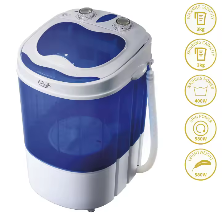 Adler AD8051 Mini Lavadora Centrifugadora Portátil, 3Kg Lavado, Pograma Lavado 15m, Ideal Camping Caravanas, 150W, Blanco/azul - 1
