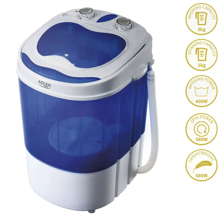 Adler AD8051 Mini Lavadora Centrifugadora Portátil, 3Kg Lavado, Pograma Lavado 15m, Ideal Camping Caravanas, 150W, Blanco/azul - 1