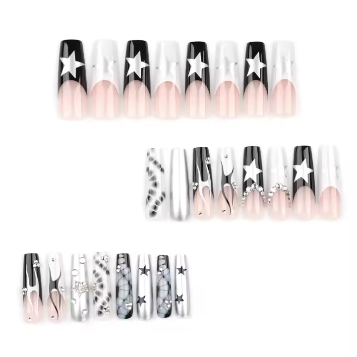 Uñas postizas cuadradas grandes con punta Francesa, uñas acrílicas brillantes y brillantes, 24 Unidades - 1