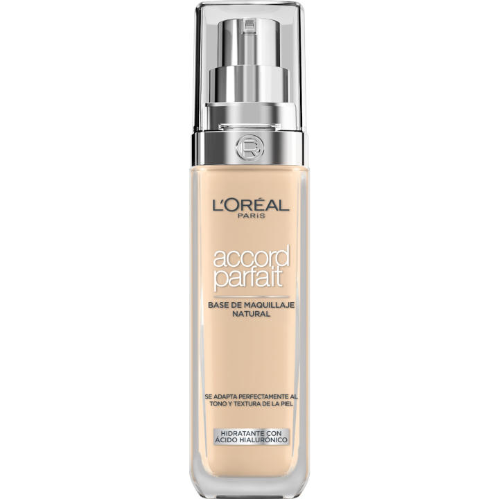 L'Oréal Paris | Accord Parfait base de maquillaje con ácido hialurónico, apto para todo tipo de pieles, no comedogénico y sin perfume. Con protección solar SPF20. 30ML