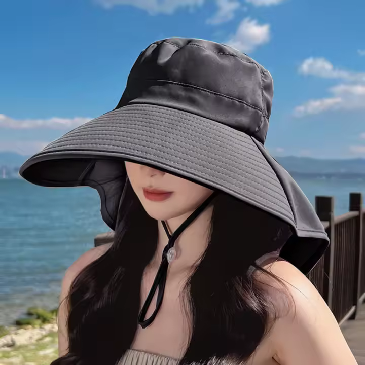 Sombrero De Bolso Para Mujer Verano Protección Solar Transpirable Con Pañuelo Capa De Piel Ligera Para Playa Viajes - 1