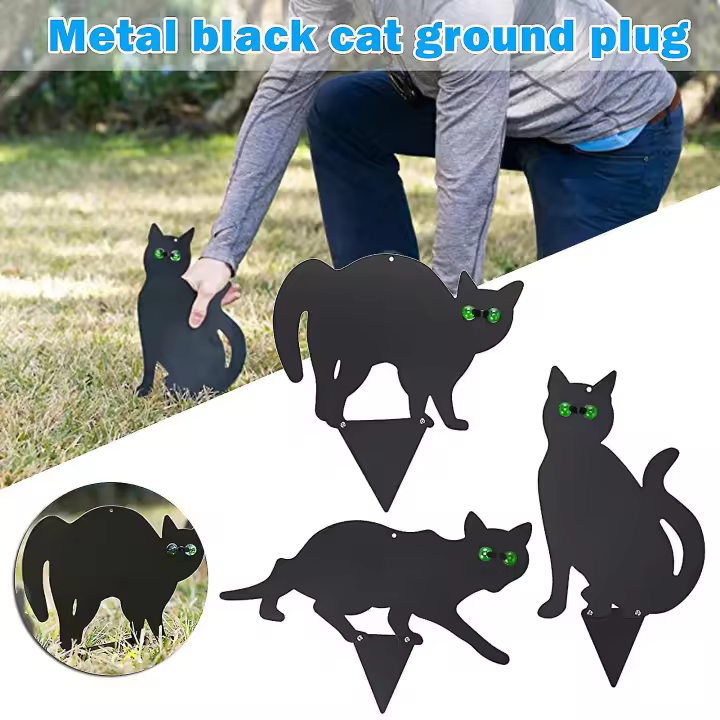 Figura de gato, juego de decoración con inserto en el suelo, 3 uds., gatito realista 2d con ojos reflectantes, clavija de estatua de Metal para césped y jardín, negro, nuevo [kk] - 1