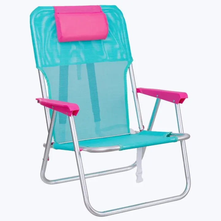 Silla playa camping mochila Junior, plegable de aluminio y textileno aguamarina, silla fija de 55x40x71 cm, con cojín cervical rosa, correas acolchadas y ajustables LOLAhome - 1