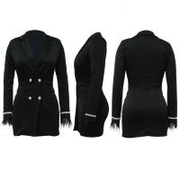 Chaqueta De Mujer Elegante De Verano Con Cuello V Y Mangas Largas Doble Filo Traje Femenino Para Oficina A-Line Midi - details 8