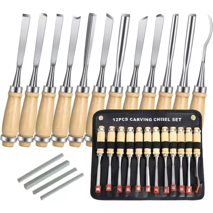 Cinceles para madera, kit de herramientas de grabado en madera de 12 piezas, cuchillo para tallar madera con mango y carrete de madera, para principiantes, escultor, carpintero, aficionado - 1