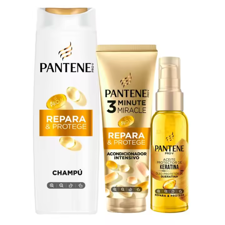 Pantene Pro-V Repara y Protege Champú 625ml para Pelo Seco y Dañado+ Acondicionador Repara y protege 220ML+ Aceite Keratina R&P 100ml - 1