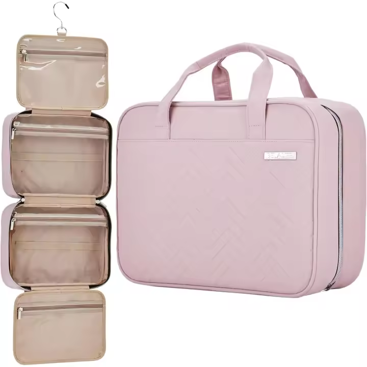 Neceser de viaje grande para mujer, con gancho para brochas de maquillaje, organizador para accesorios de aseo, color rosa - 1