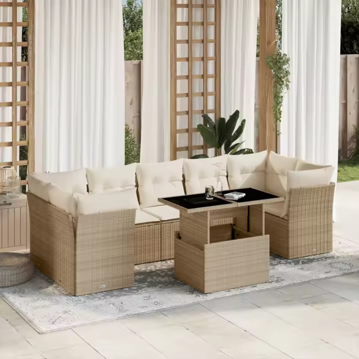 vidaXL Set de sofás de jardín y cojines 8 piezas ratán sintético beige - 1