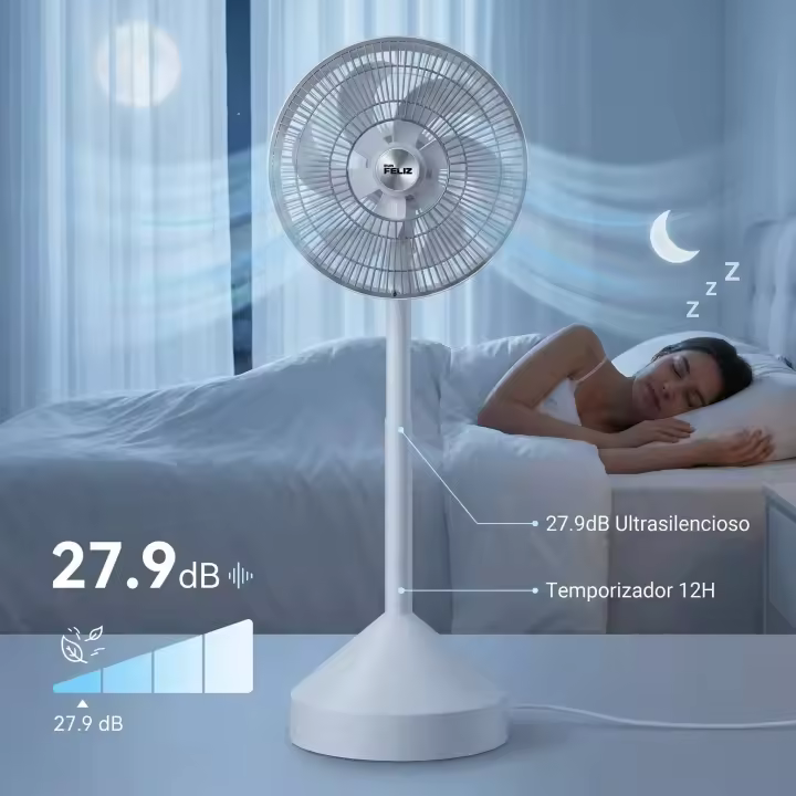 Ventilador plegable de pie 70W Silencioso, Luz ambiental, Oscilación, Altura ajustable, Temporizador, mando a distancia, 3 velocidades, Color blanco - 1