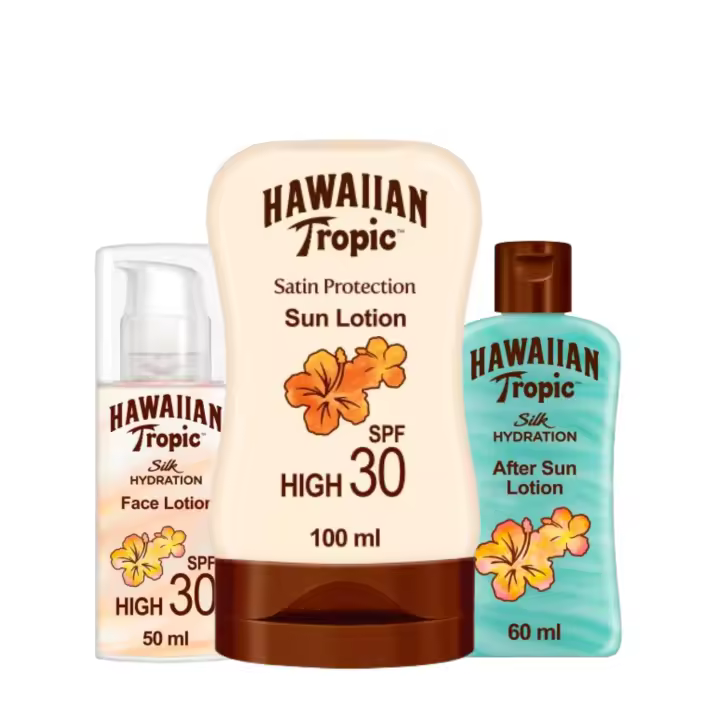 Hawaiian Tropic Tripack Formato Viaje Mini Satin SPF 30 100 Ml Aftersun Silk Hydration 60 Ml Silk Hydration Face 100 Ml - 1