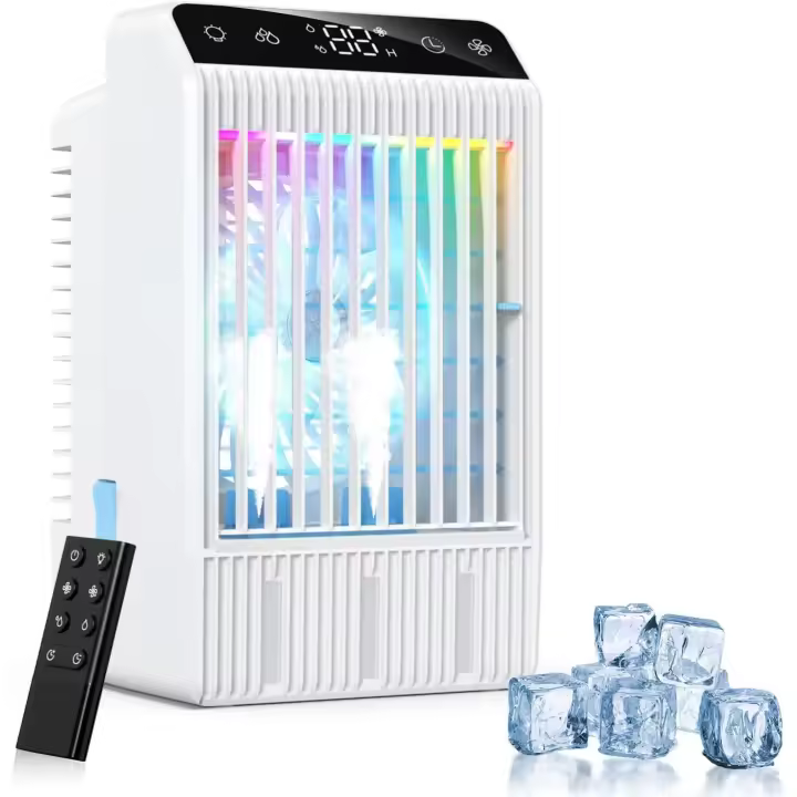 Aire Acondicionado Portatil con Pantalla, Climatizador Evaporativo 4 EN1 De 1000 Ml Tanque, con Mando, Mini Enfriador de Aire con Doble PulverizacióN y Luz de 7 Colores, Temporizadores de 2-12 H - 1