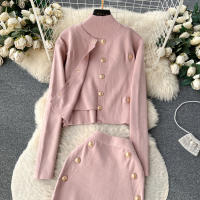 Conjunto De Ropa De Mujer REALEFT Otoño Invierno 3 Piezas Traje De Tejido Knitted Cardigan De Botón Sencillo Y Tops Falda Elegante Para Oficina - details 36