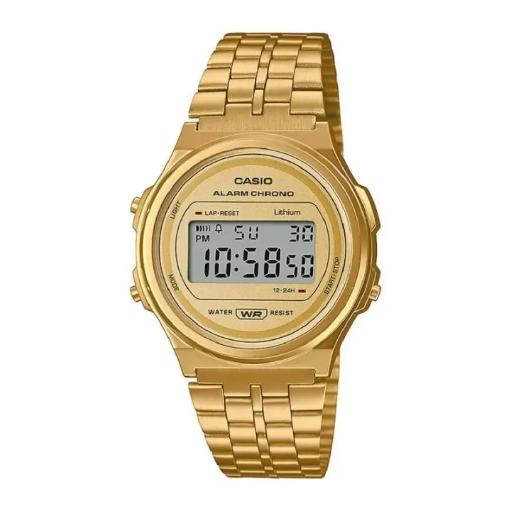 reloj digital retro unisex Casio A171WEG-9A dorado Vintage alarma cronómetro resistente al agua - 1