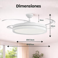 Ostark Ventilador de Techo con Luz LED Retráctil 106cm, 4 Aspas, Control por APP y Mando a Distancia, Potencia Total 66W, Temporizador, 6 Velocidades, 3 Temperaturas de Luz, Función Verano-Invierno, Silencioso, Negro Ostark-leduni - details 4