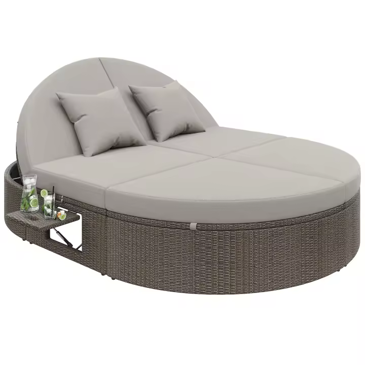 Tumbona de Ratán para dos, Sofá Cama de exterior, Tumbona de Jardín con estante lateral, Tumbona para dos, Mesa plegable para 2, Tumbona de Jardín, Tumbona de Ratán para dos, sofás de exterior ajustables individualmente - 1