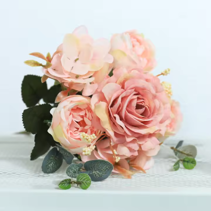 Bouquet De Flores Artificiales Rosa Silken Retro Con Hydrangea Y Peonía Decoración De Boda Vintage Para Novia Accesorios Para El Hogar - 1