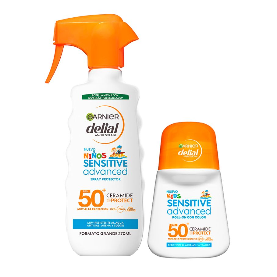 Garnier | Delial Sensitive Advanced Kids Roll-on con color FPS 50+ 50ML + Protector Solar en Spray para Niños Alta Protección SPF50 para Pieles Claras y Sensibles. Resistente al Agua, Arena, Sal y Cloro. Testado Bajo Control Pediátrico 270ML