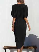Vestido JIM & NORA 2024 Verano Para Mujer Cintura Alta Elegante Tipo Wrap Cuello En V Midi De Cintura Con Decoración Ruched Estilo Oficina - details 7