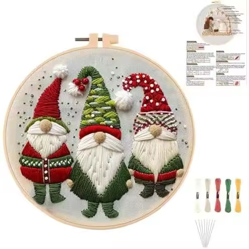Kit de bordado navideño, kits de bordado de gnomos navideños para principiantes con patrón, kits de punto de cruz para adultos con agujas e hilo incluidos, para principiantes adultos - 1
