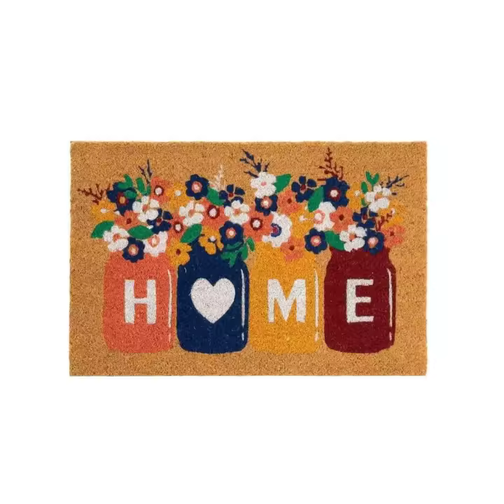 Dcasa Felpudo Home flores marrón de fibra de coco natural de 40x60 cm - 1