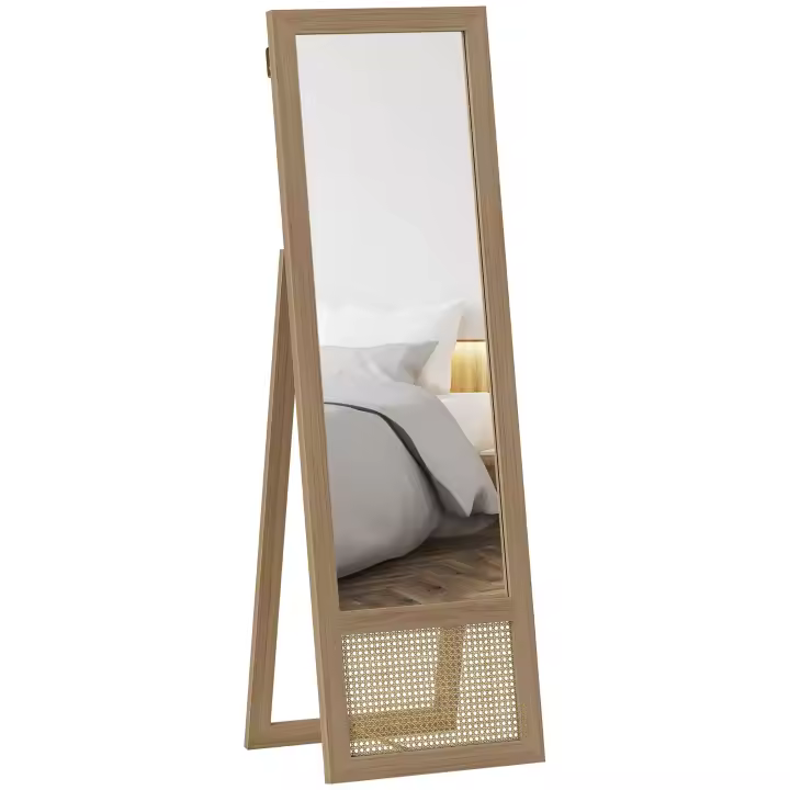 HOMCOM Espejo de Cuerpo Entero 160x50 cm Espejo de Pie o de Pared con Marco de Madera y Soporte para Salón Dormitorio Natural - 1