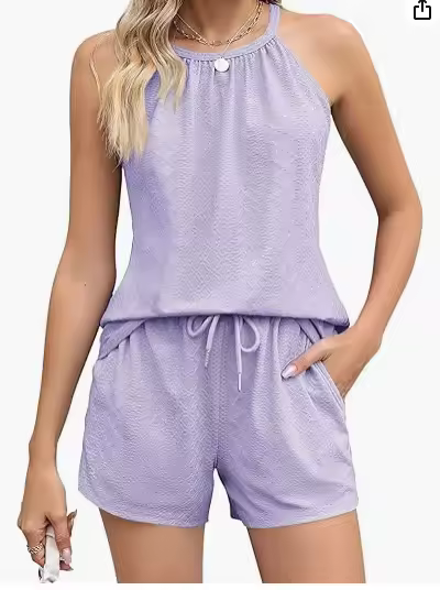 Conjunto de Estadísticas florales sin Mangas with Cuello Halter fuera del hombro-Pantalones de Playa de poliéster elástico para Mujeres-Lavable a Máquina, impresión aleatoria, ropa de vacaciones de Primavera/Verano/Sello - 1