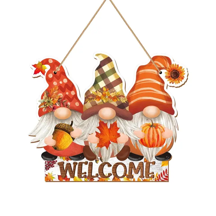 Autumn Gnome Welcome Sign Decorativo De Madera Rustica Con Hojas De Maple Y Calabazas Adorno Colgante Para Puerta O Ventana Estilo Farmhouse - 1