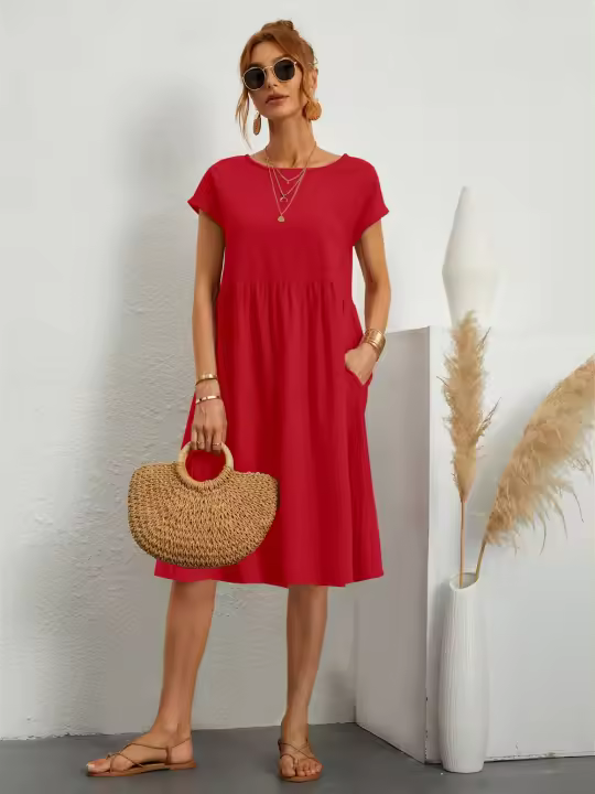 Vestido Casual Para Mujer Verano Estilo Vintage Color Sólido Comodidad Largo Rodilla Con Bolsillos O-Neck Blusa De Algodón Y Poliéster - 1
