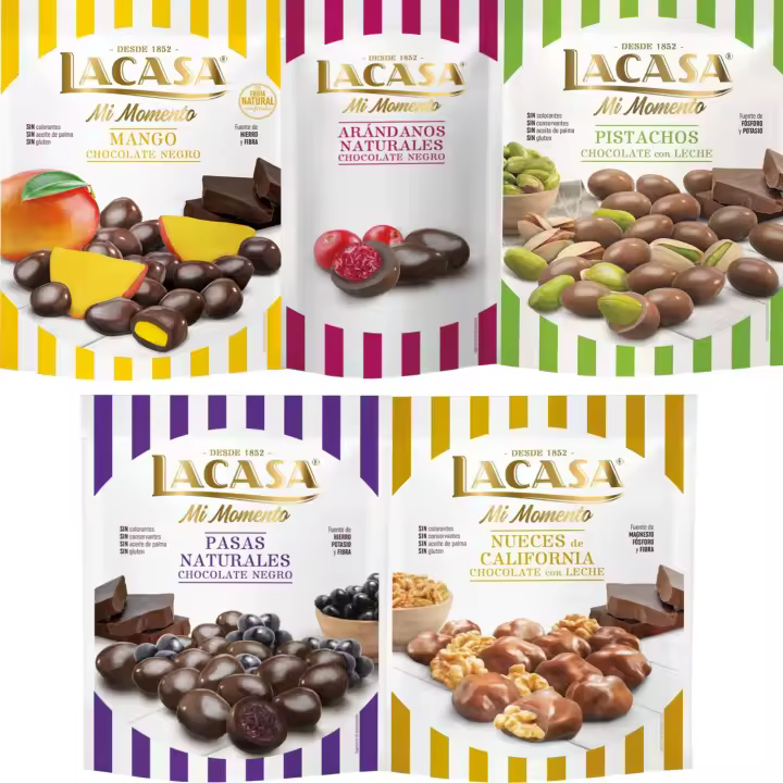 Lacasa Mi Momento pack de 5:Arándano choco Negro 60G,Nueces Leche 115G,Pasas choco Negro 150G,Pistacho Leche 100G,Mango choco Negro 115G - 1