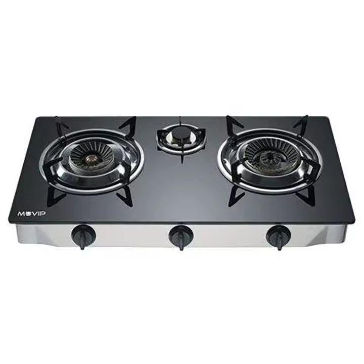 Muvip Cocina de Gas Inox 3 Fuegos - Cristal Templado - Encendido Piezoelectrico - Quemador de Hierro Fundido Desmontable - Hornillo de gas - 1