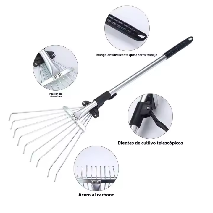 Rake De Jardín Telescópico De Acero Inoxidable Con 9 Dientes Cepillo De Hojas Para Colección De Restos En El Jardín Y Aseo Doméstico Herramienta De Mano - 1