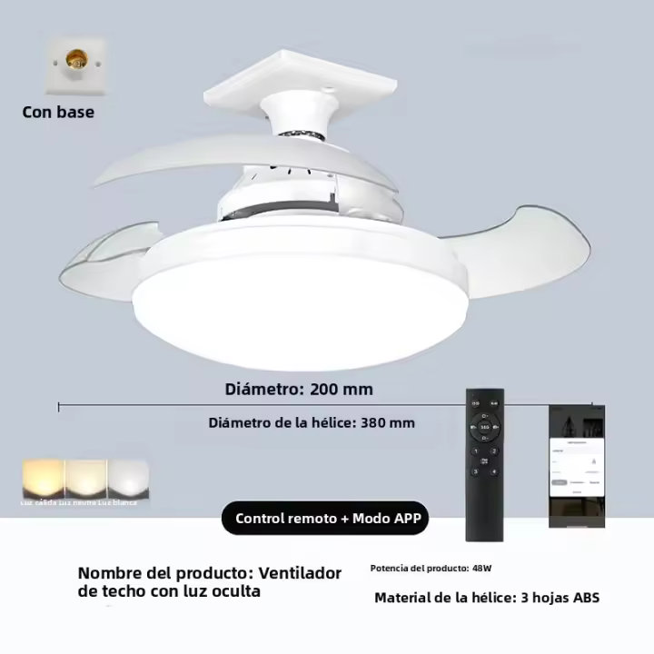 Ventilador de techo LED moderno con luz, hojas invisibles, control remoto E27 y aplicación, 4 velocidades ajustables, silencioso - 1