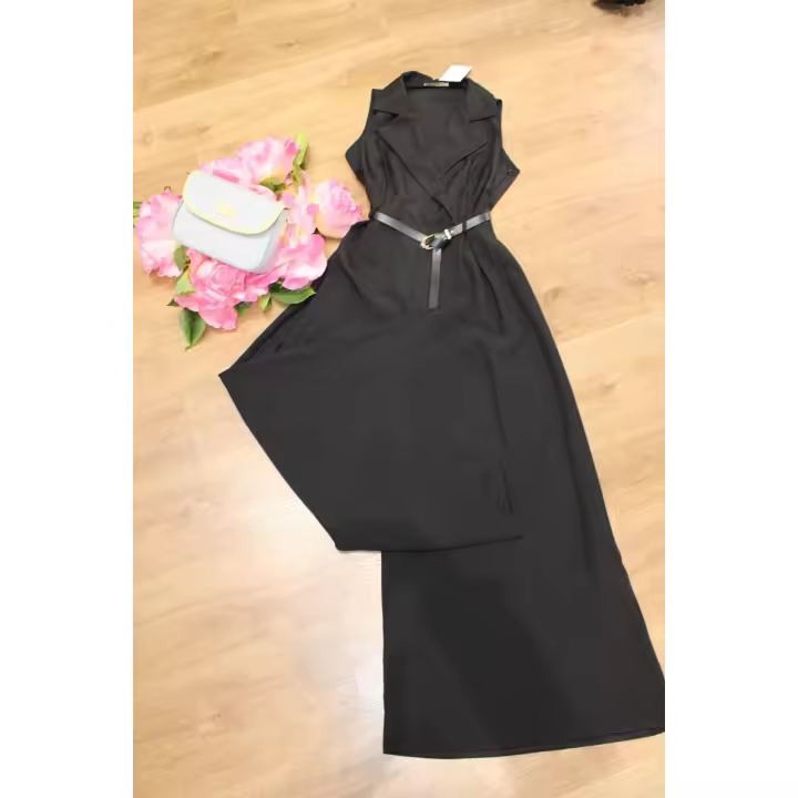 Mono largo elegante negro sin mangas para mujer con cinturón ajustable, estilo blazer, ideal para oficina, cenas, eventos, verano, primavera y otoño, cómodo y favorecedor - 1