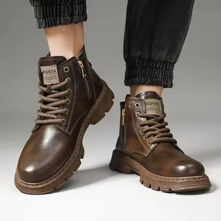 Botas De Cuero Retro Para Hombre Con Suela Gruesa Y Resistentes Al Desgaste Zíper Lateral Alta Comodidad Casual Botines De Otoño Y Primavera - 1