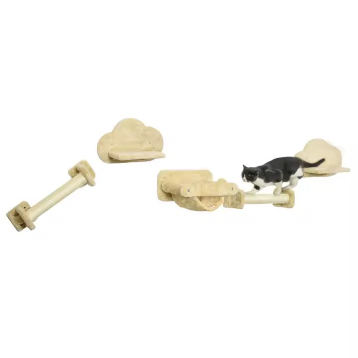 PawHut Muro para Escalar para Gatos, 5 Piezas Escaleras para Gatos con 2 Postes Rascadores, 2 Plataformas, Poste Rascador para Gatos con Funda de Felpa, Hamaca, Interior, Beige - 1